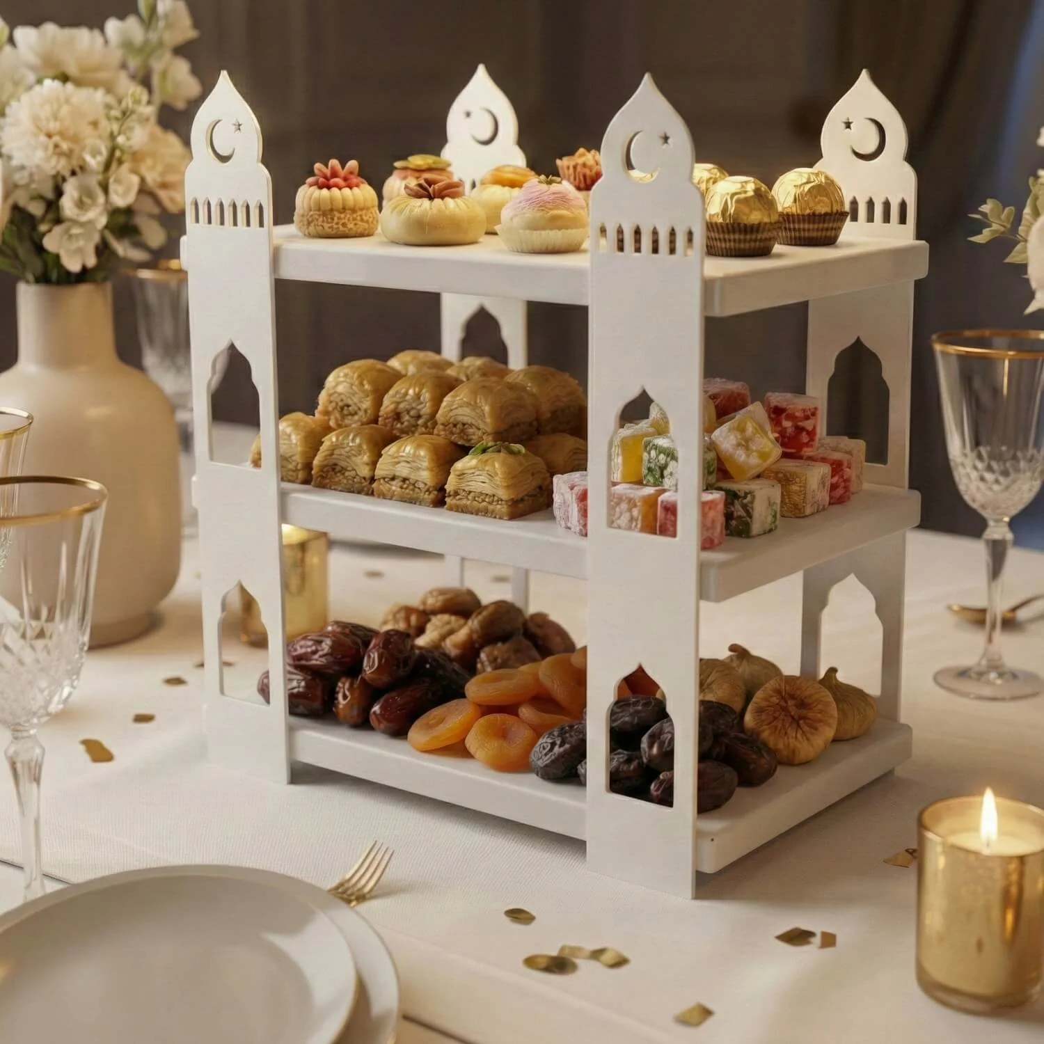 3-Tier Mosque Serving Stand – Metal & Wood Ramadan Dessert Tower - Image 13
