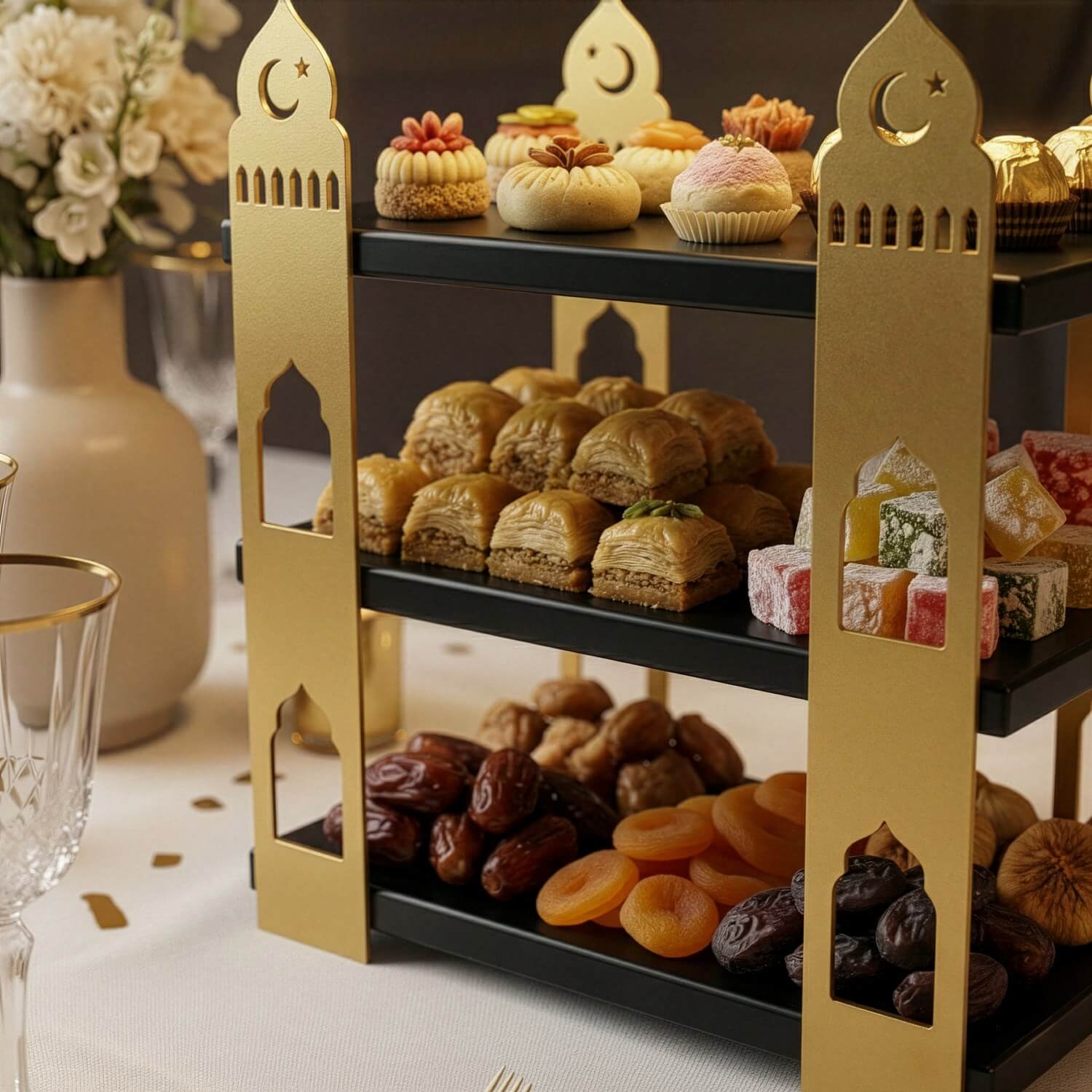 3-Tier Mosque Serving Stand – Metal & Wood Ramadan Dessert Tower - Image 20