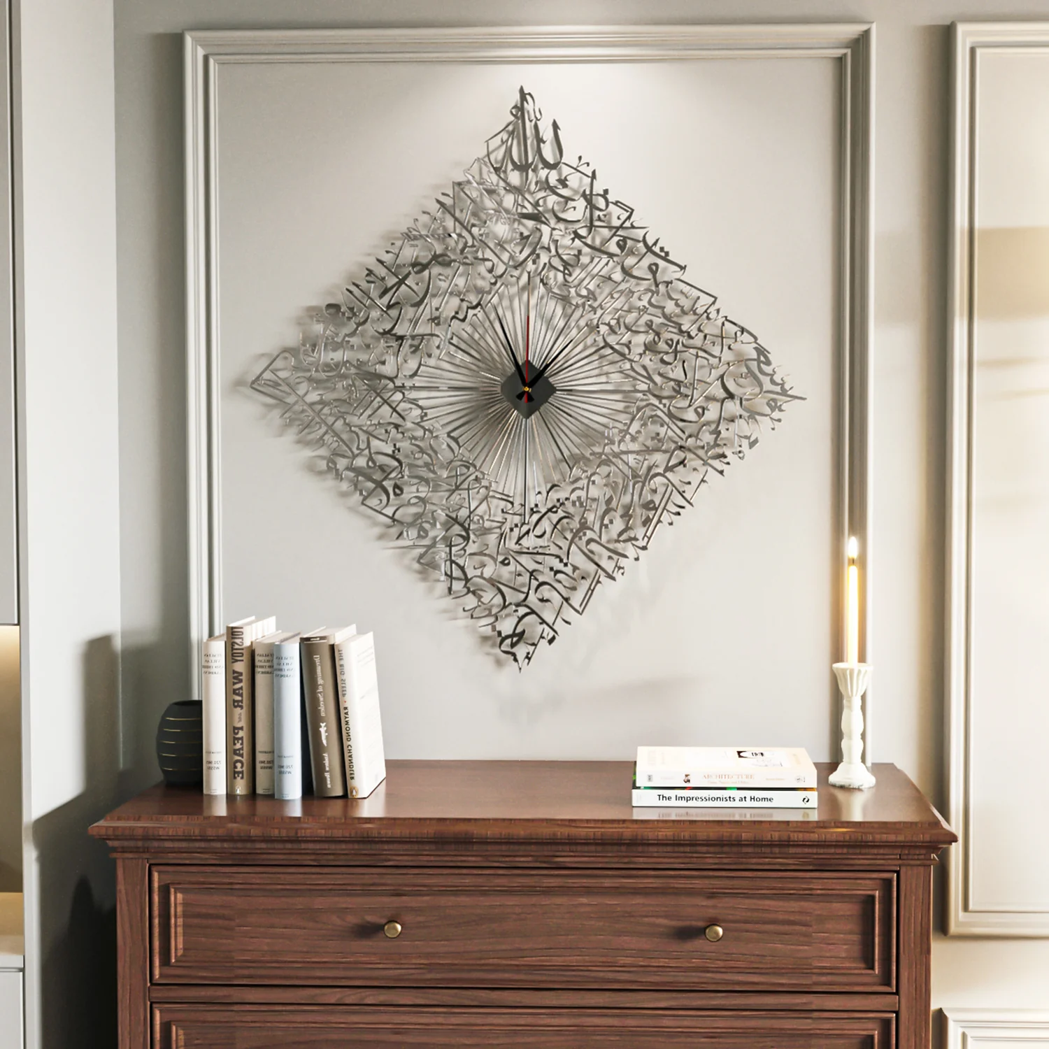 Diamond Shaped Ayatul Kursi Metal Islamic Wall Clock - 3D Arabic Calligraphy - Image 2