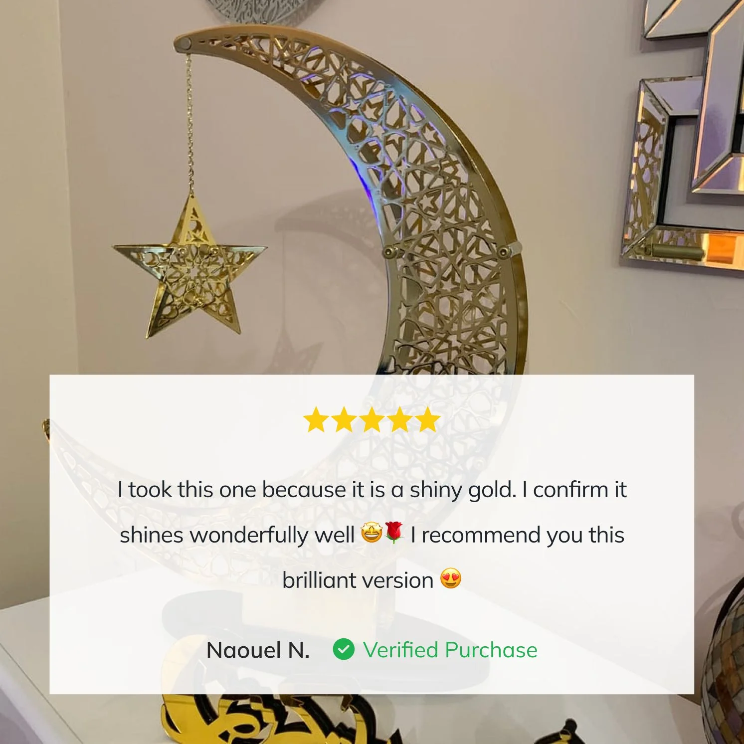 Shiny Crescent Moon & Star Metal Islamic Home Decor - Islamic Gift - Image 3