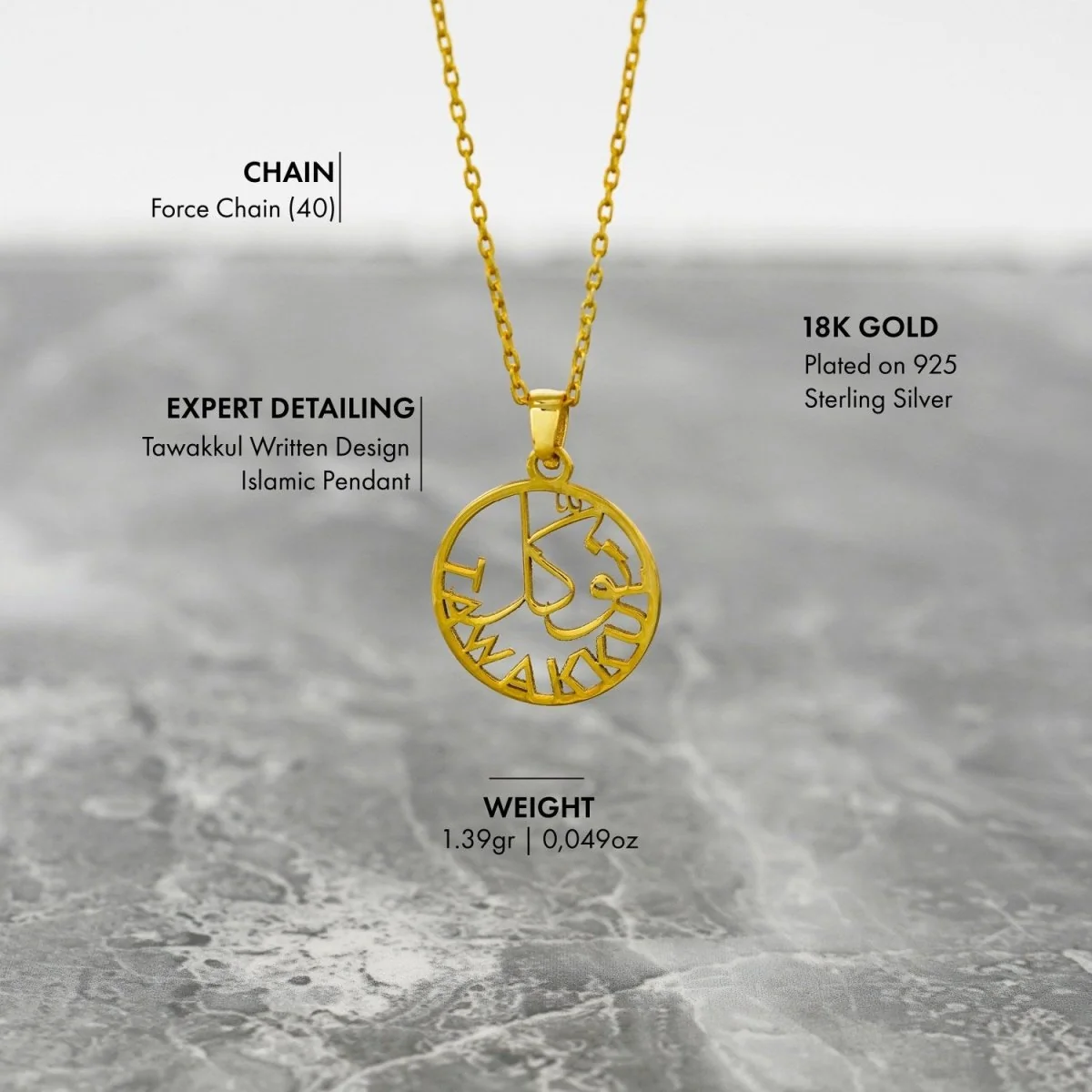 Islamic Necklace - Tawakkul Written 18K Gold Plated Silver Pendant - Image 5