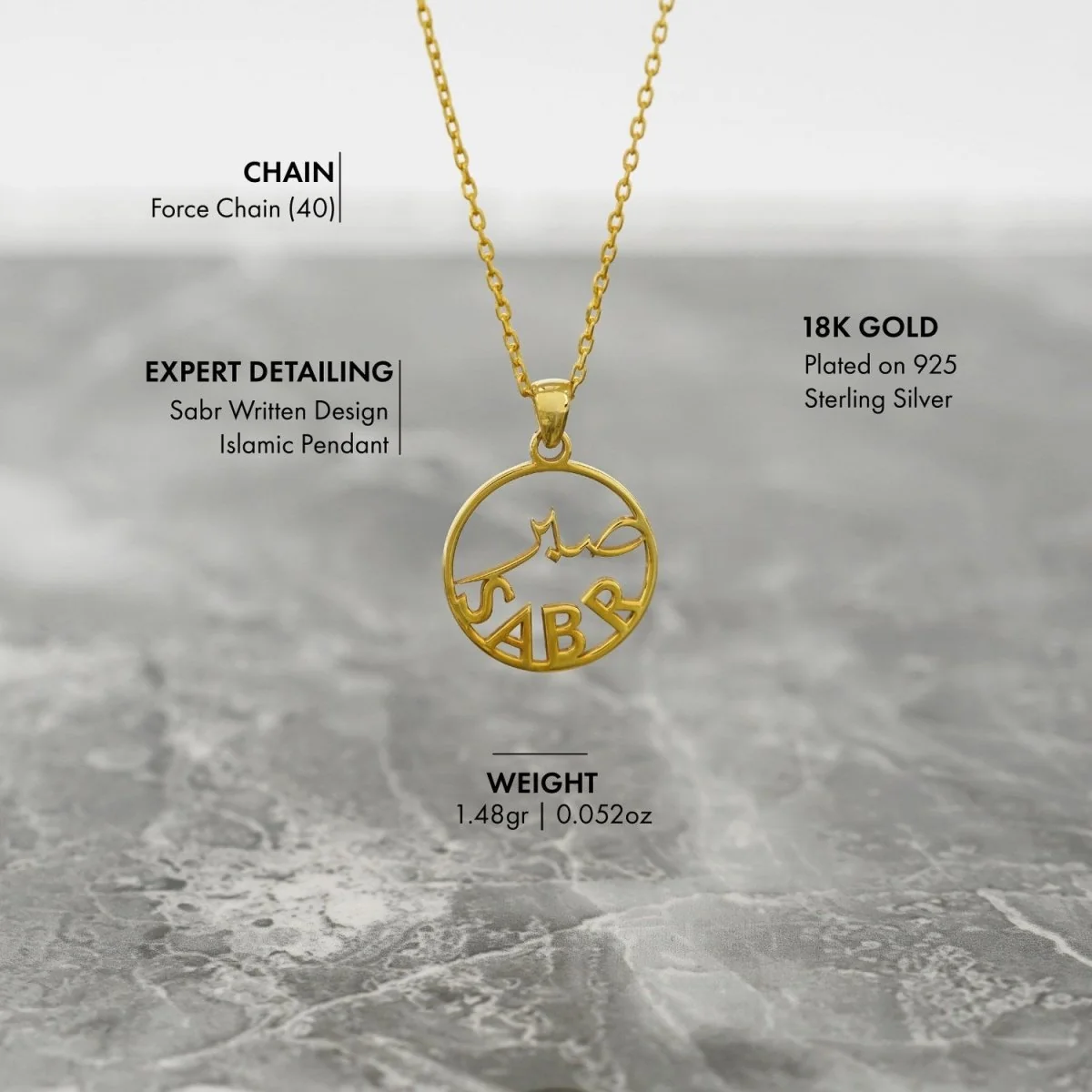 Islamic Pendant Necklace - Sabr Written 18K Gold Plated Silver Pendant - Image 5