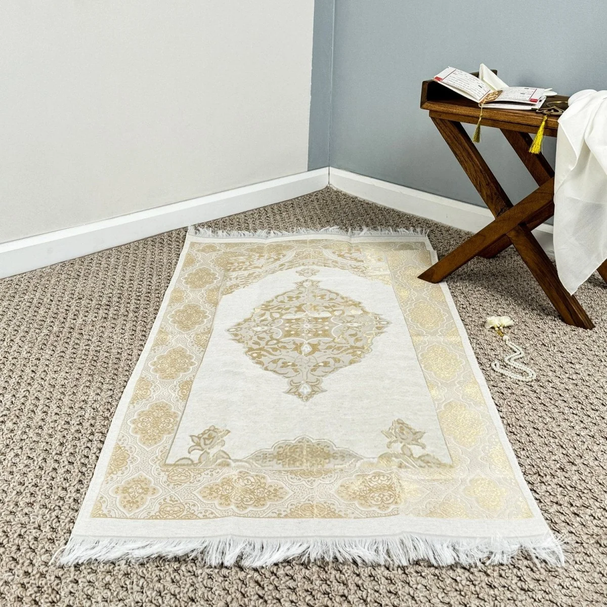 Islamic Prayer Rug Mat, Cream Color Prayer Set - Image 10