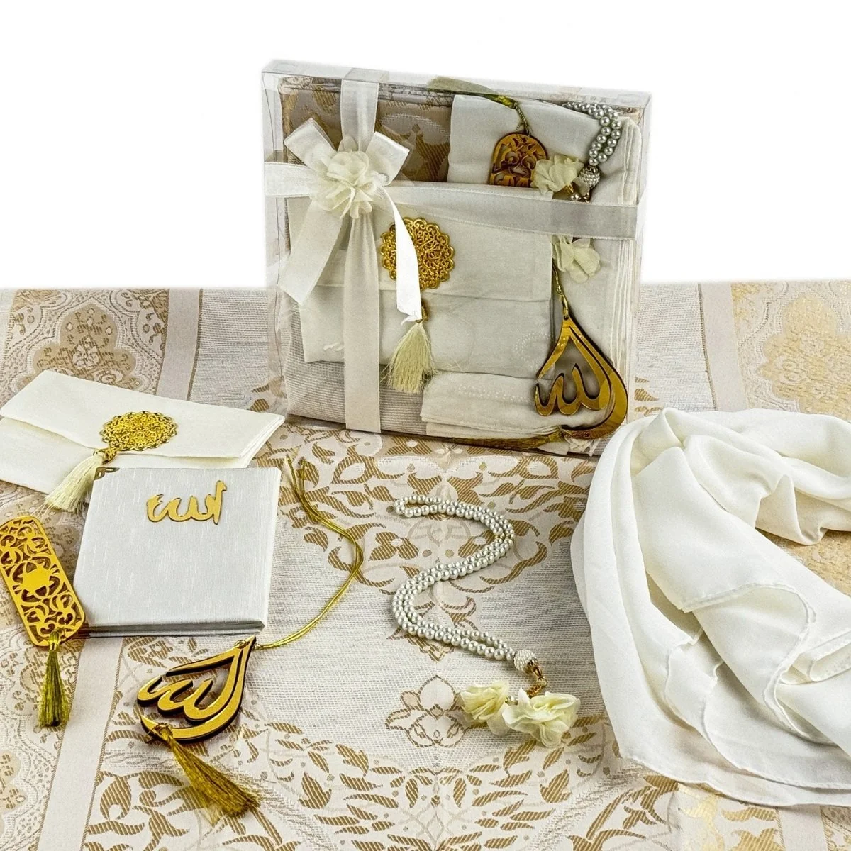 Islamic Prayer Rug Mat, Cream Color Prayer Set - Image 2