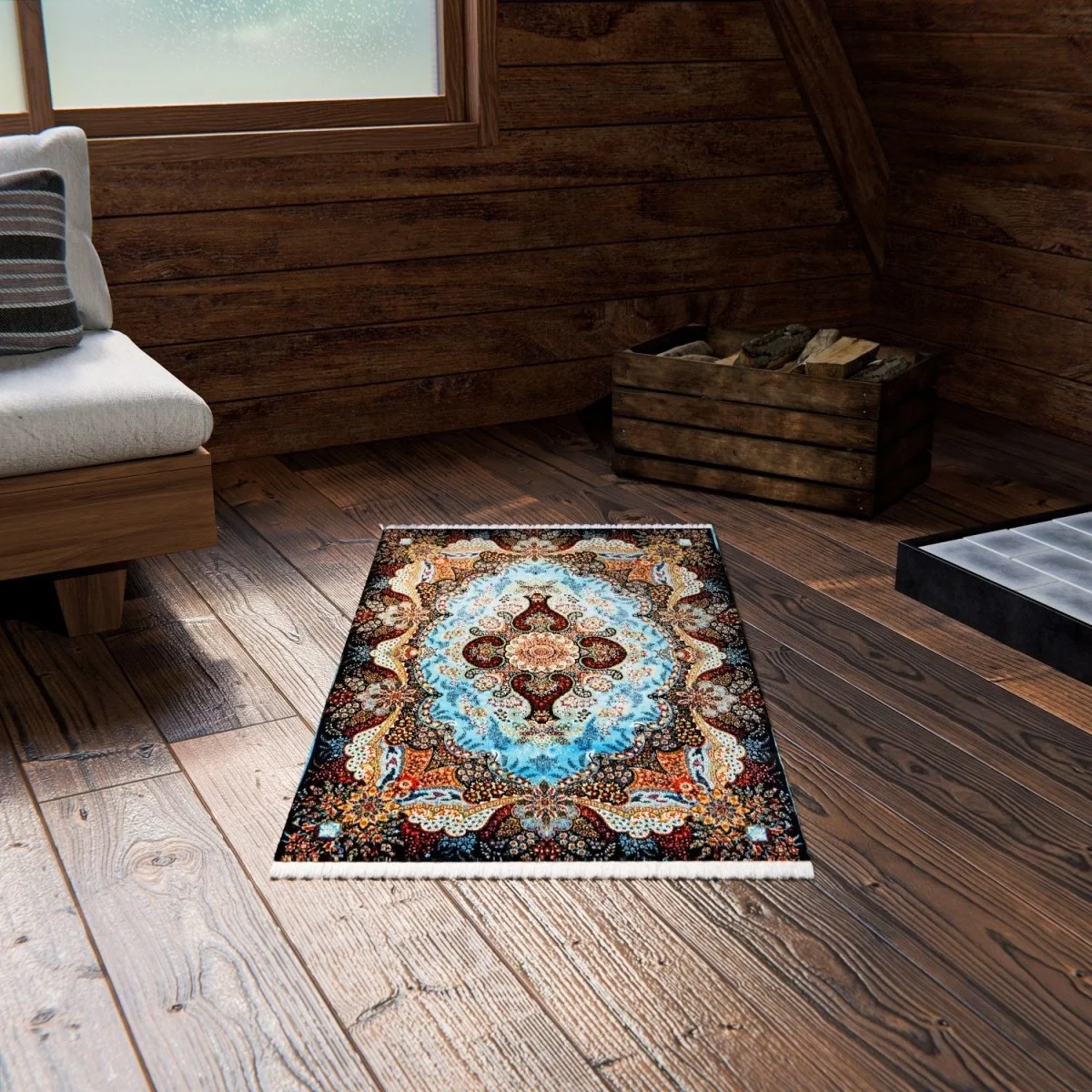 Islamic Prayer Rug - Blue & Beige Floral Motifs Janamaz - Image 7