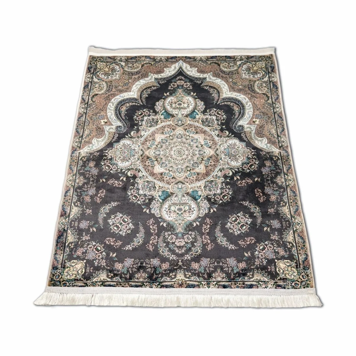 Muslim Carpet Praying - Black & Turquoise Traditional Floral - Image 4