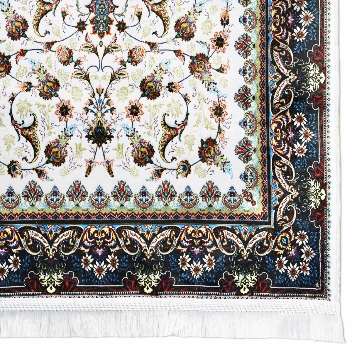 Praying Rug Islam - White & Navy Floral Patterns Islamic Prayer Mat - Image 6