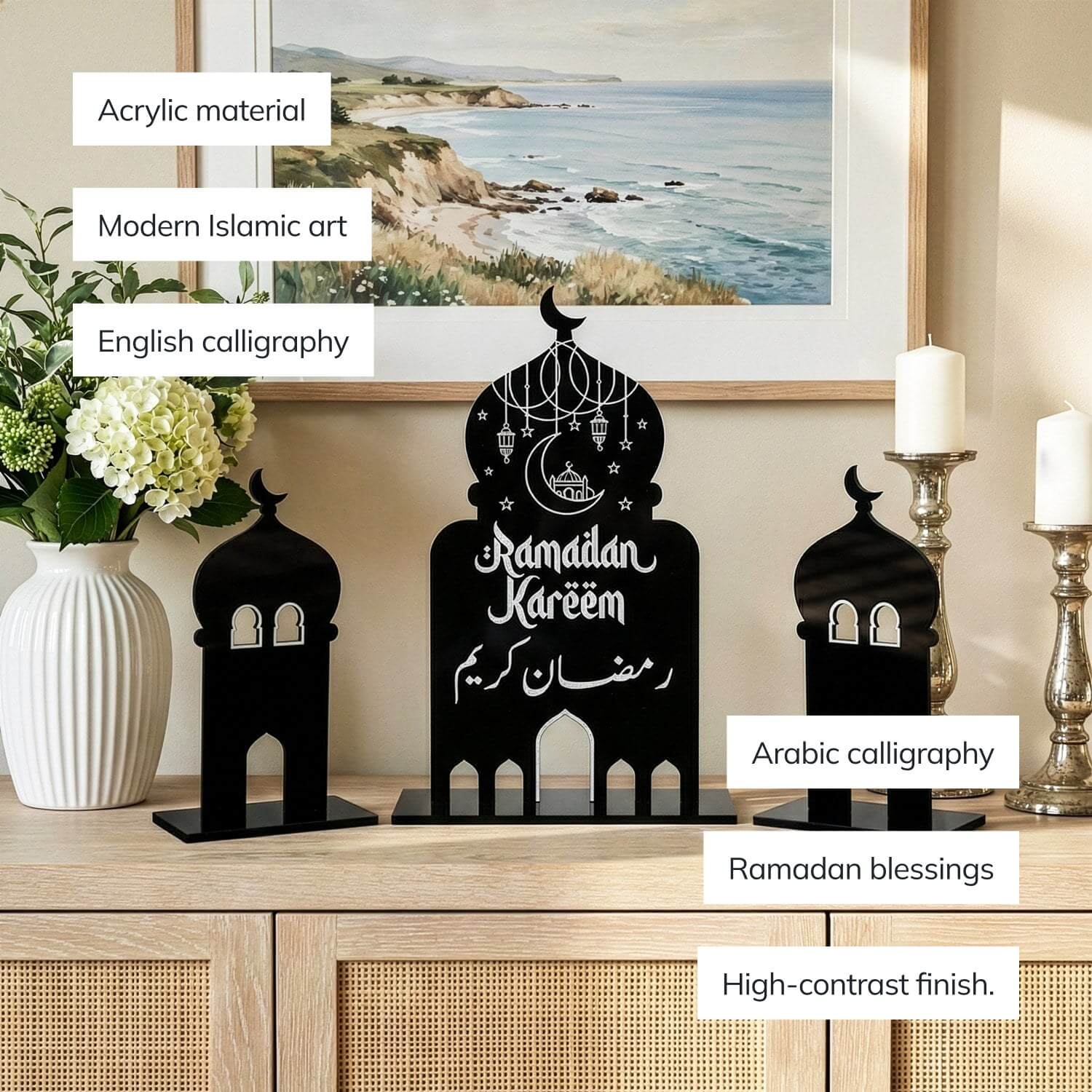Ramadan Kareem Acrylic Mosque Table Decor Set – Modern Black & White Centerpiece - Image 4