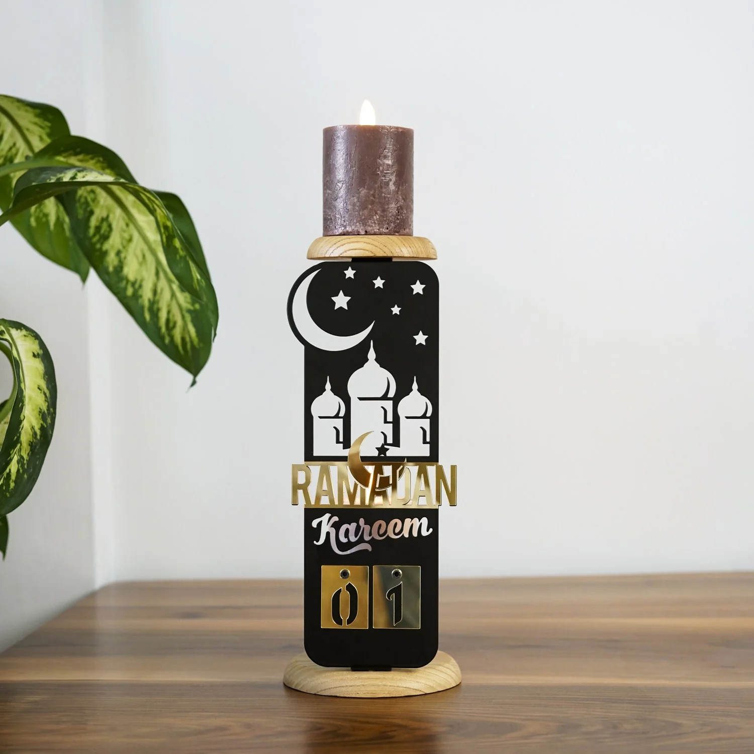 Islamic Candleholder - Ramadan Kareem Calendar, Wooden Stand | Elegant Muslim Gift