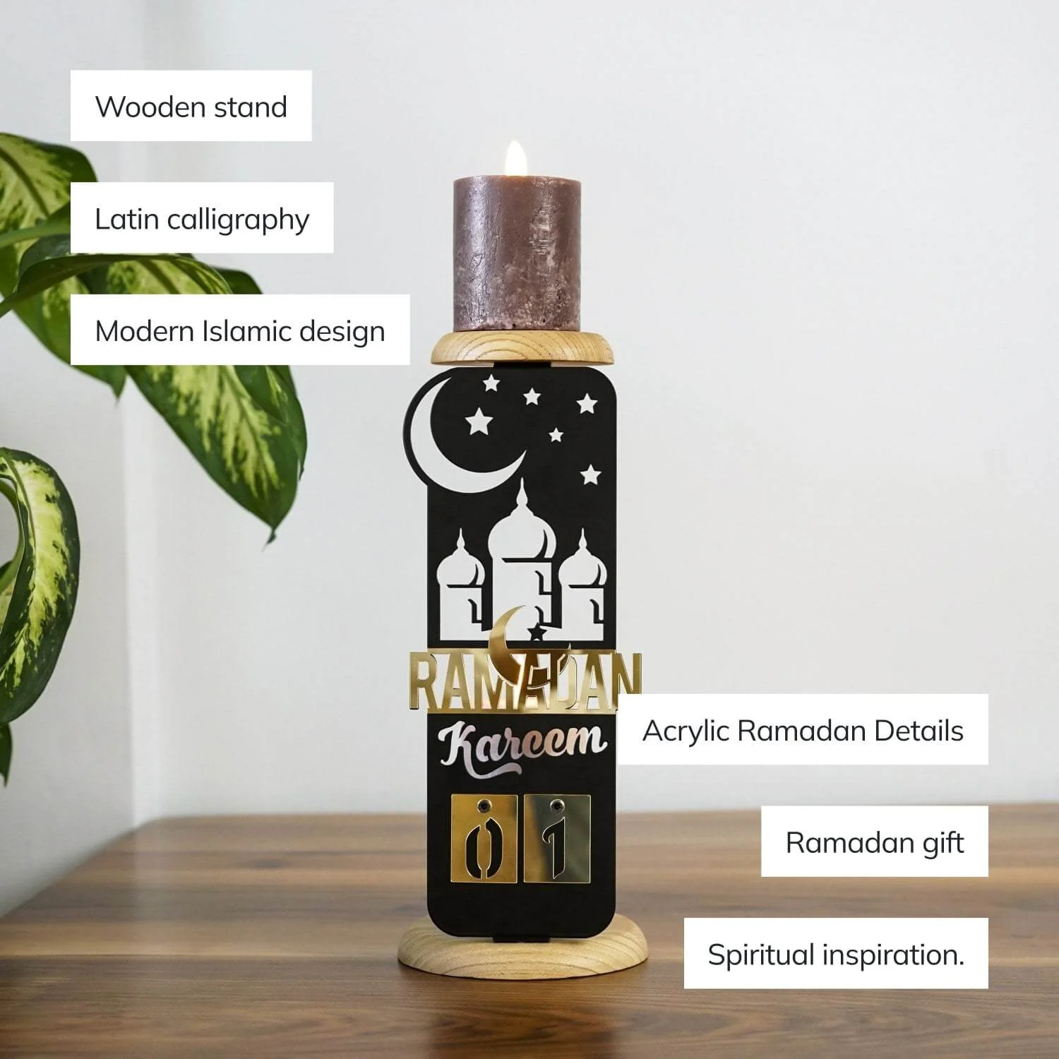 Islamic Candleholder - Ramadan Kareem Calendar, Wooden Stand | Elegant Muslim Gift - Image 3