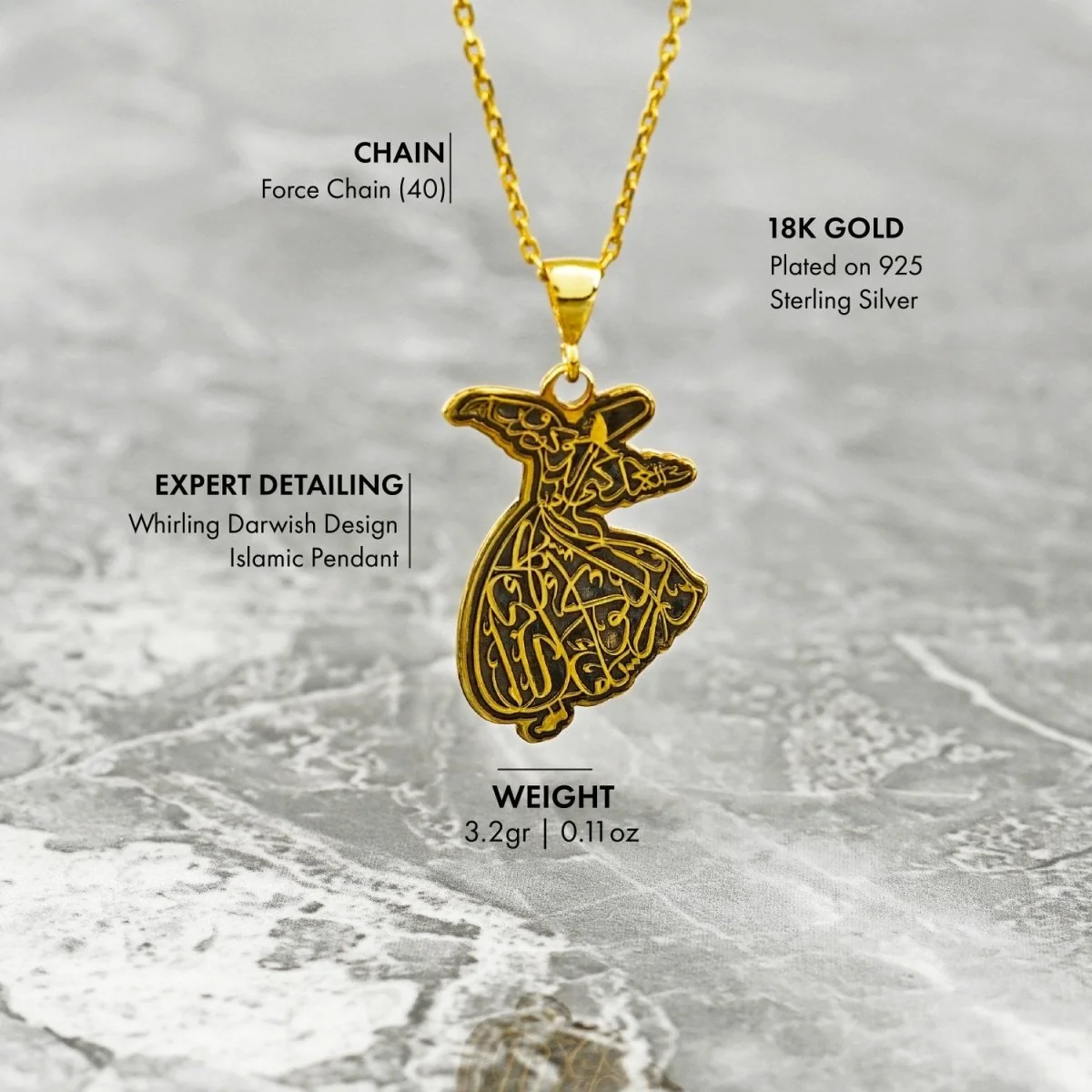 Whirling Darwish Muslim Jewelry - Islamic Pendant, 18K Gold Plated Silver - Image 4